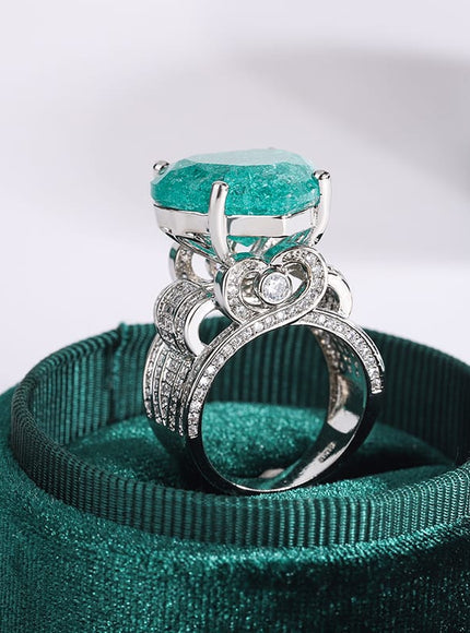 KissICON 💋 Creative Hollow Paraiba Emerald Heart Ring - Zircon Shine