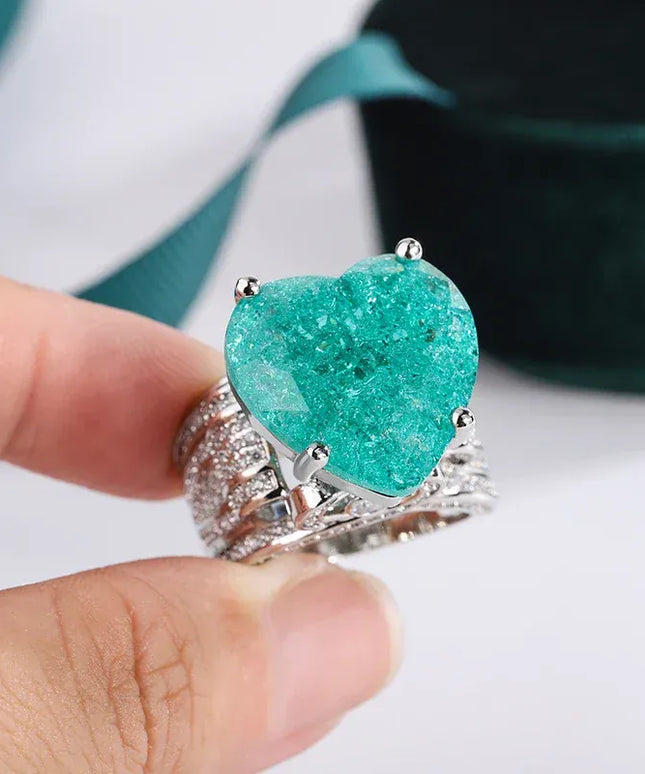 KissICON 💋 Creative Hollow Paraiba Emerald Heart Ring - Zircon Shine
