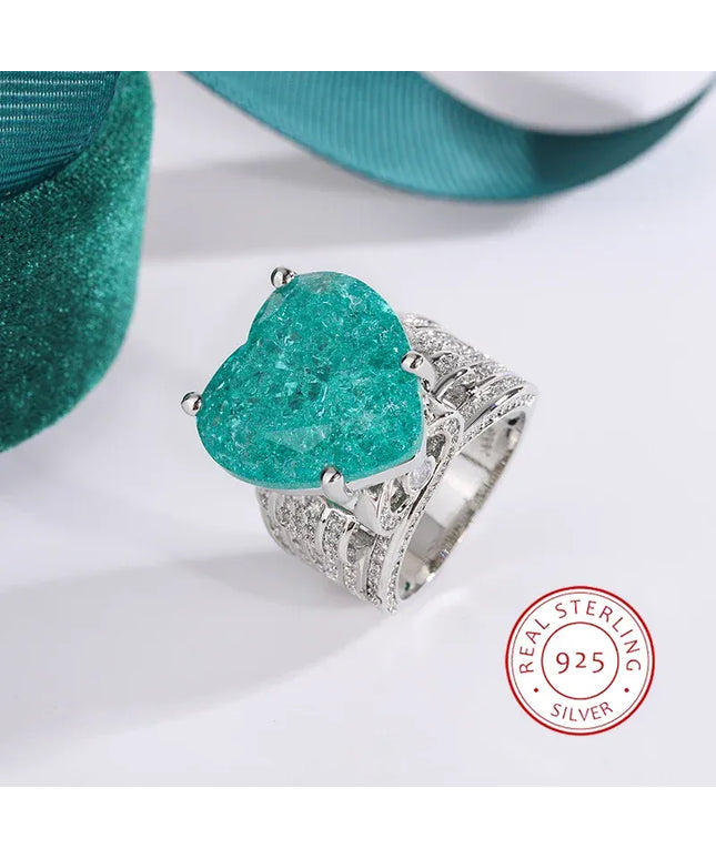 KissICON 💋 Creative Hollow Paraiba Emerald Heart Ring - Zircon Shine