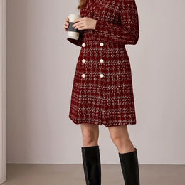 KissICON crimson / UK 16 Burgundy Houndstooth Curve Tweed Coat – Pearls