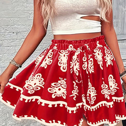 jkthpu-45 crimson / UK 16 Chic Plus Size Vacation Shorts with Bold AllOver Print