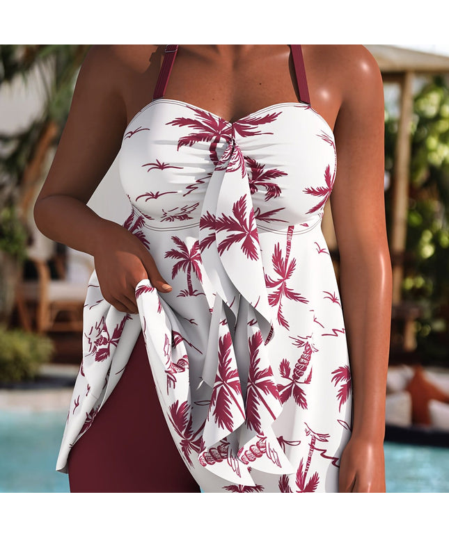 KissICON crimson / UK 16 Curve Coconut Tree Backless Offshoulder Tankini