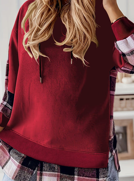 jkthpu-45 crimson / UK 16 Plus Size, Women's Elegant Hooded Sweatshirt - Non-Stretchy