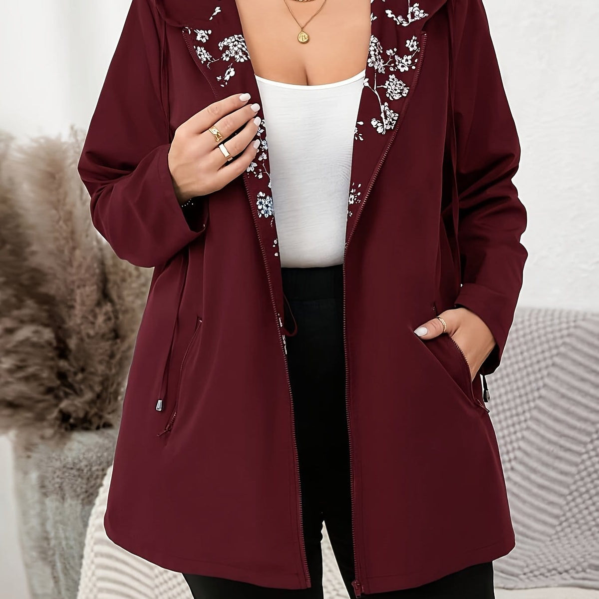 jkthpu-45 crimson / UK 16 Vibrant Floral Plus Size Hooded Trench Coat  All Season Style