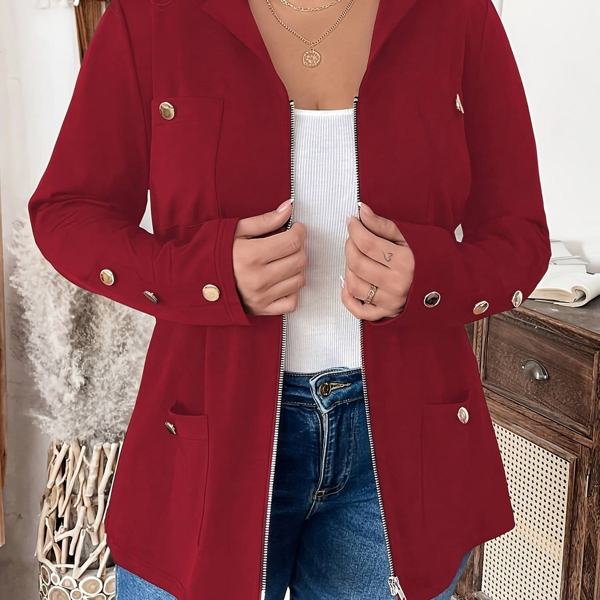 KissICON crimson / UK 18 Elegant Curve Zipup Jacket – Flared Hem Versatility