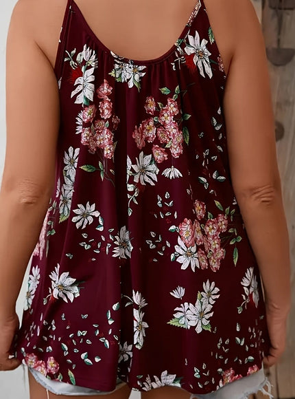 jkthpu-45 crimson / UK 18 Plus Size Floral Print Sleeveless Cami Top for