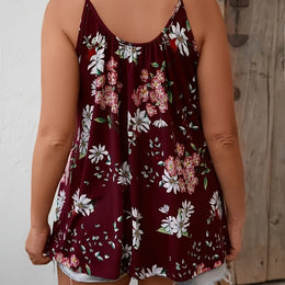 jkthpu-45 crimson / UK 18 Plus Size Floral Print Sleeveless Cami Top for