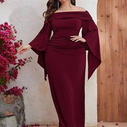 jkthpu-45 crimson / UK 18 Plus Size, Plus Off Shoulder Ruched Split Sleeve Dress