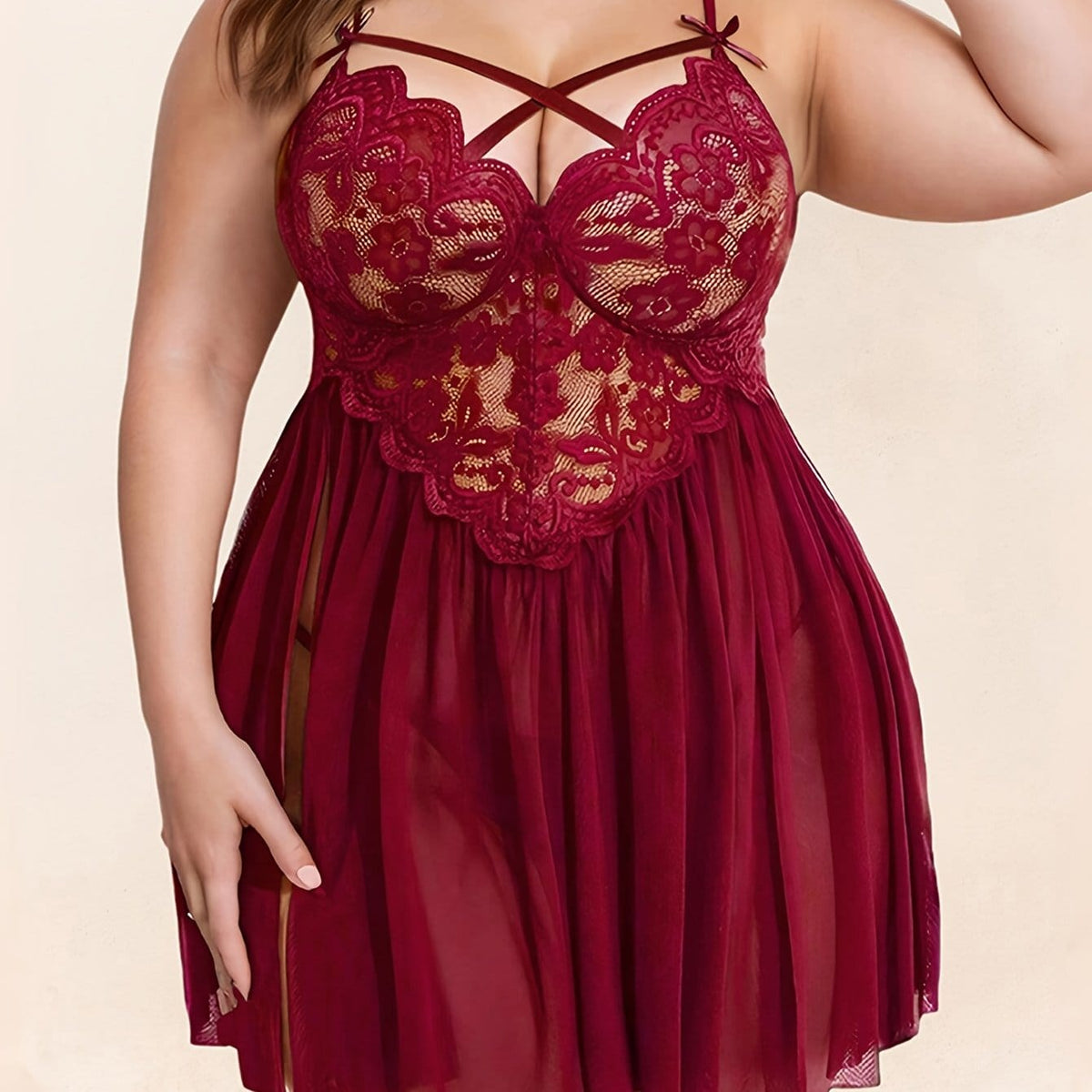 jkthpu-45 crimson / UK 18 Plus Size Red Lace Babydoll Nightdress - Sexy Criss Cross Strappy Design, Floral Mesh Sheer Sleepwear for Women, Ruffle Swing, Hand Wash Only, Babydoll Nightie Sleepwear