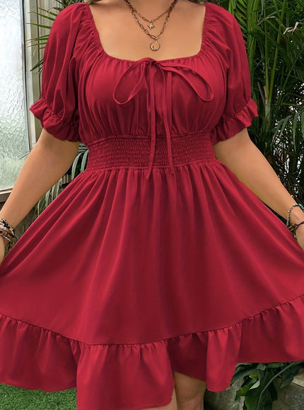 jkthpu-45 crimson / UK 18 Plus Size - Women'S Plus Size Red Square Neck A-Line Dress - Casual Summer Dress with Ruffled Hem, Cinched Waist, and Short Puff Sleeves, Perfect for Spring/Summer Outings, Cute Dresses