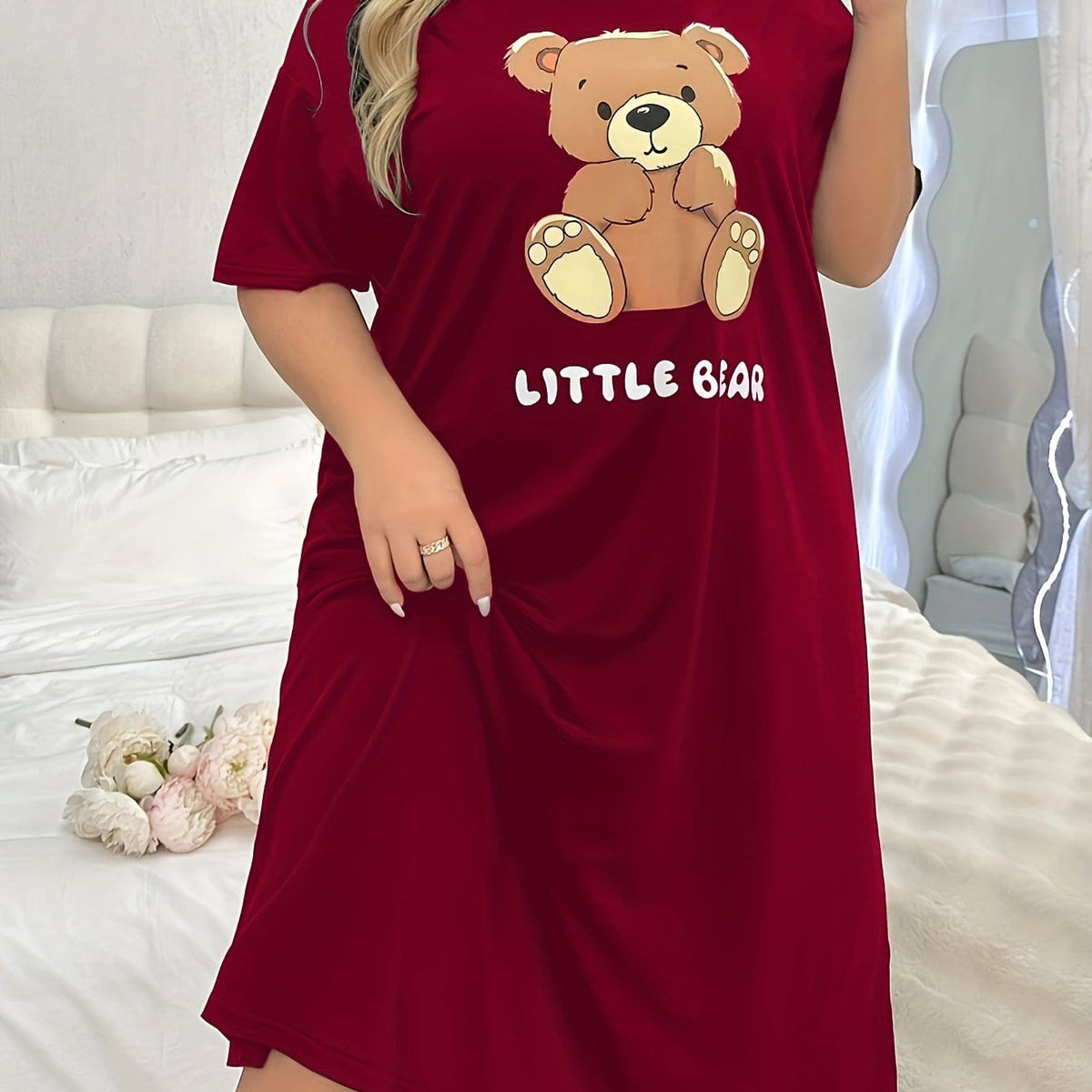 jkthpu-45 crimson / UK 18 Women's Plus Cute Sleep Dress, Plus Size Cartoon Bear & Letter Print Short Sleeve Crew Neck Nightdress