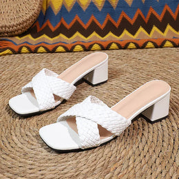 KissICON Cross Strap Solid Square Heel Sandals for Women