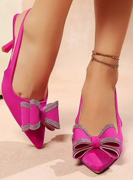 KissICON Crystal Bowtie Pink High Heels Pumps for Women
