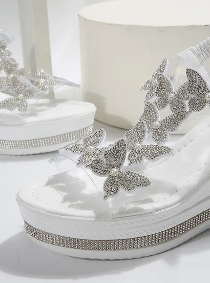 KissICON Crystal Butterfly Sandals Women Chunky Platform Wedge Heels