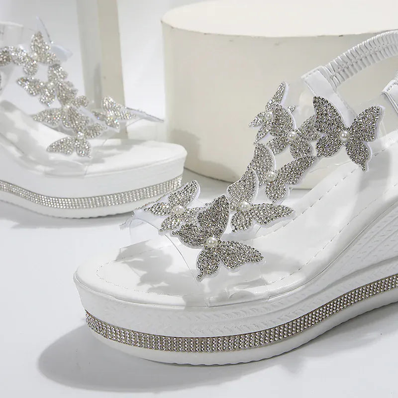 KissICON Crystal Butterfly Sandals Women Chunky Platform Wedge Heels