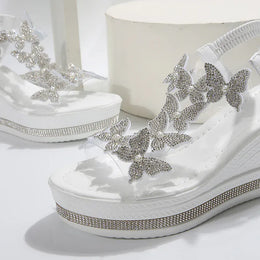 KissICON Crystal Butterfly Sandals Women Chunky Platform Wedge Heels