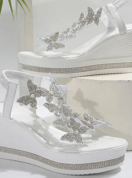 KissICON Crystal Butterfly Sandals Women Chunky Platform Wedge Heels