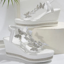 KissICON Crystal Butterfly Sandals Women Chunky Platform Wedge Heels