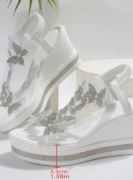 KissICON Crystal Butterfly Sandals Women Chunky Platform Wedge Heels
