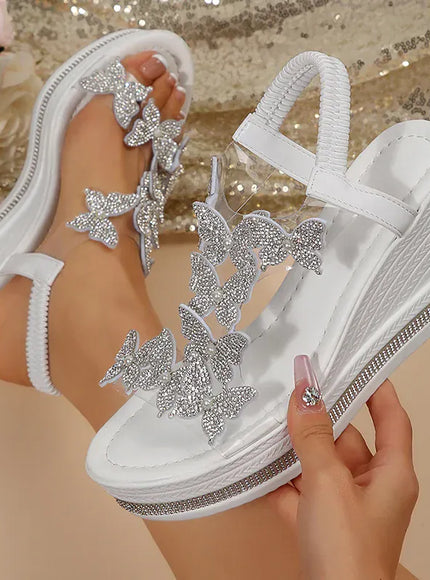 KissICON Crystal Butterfly Sandals Women Chunky Platform Wedge Heels