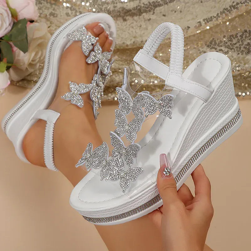 KissICON Crystal Butterfly Sandals Women Chunky Platform Wedge Heels