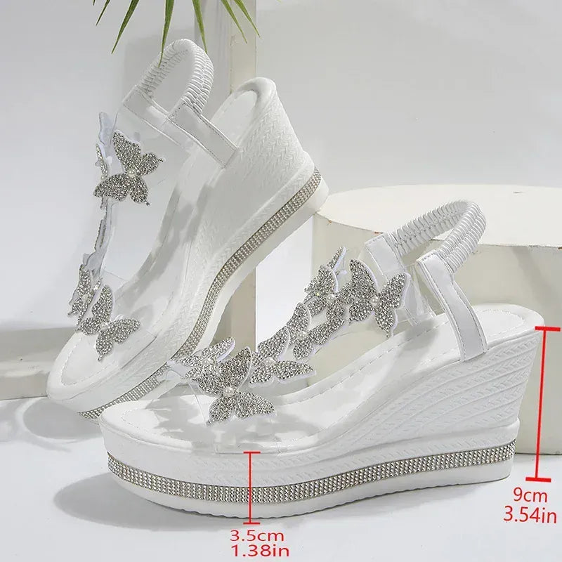 KissICON Crystal Butterfly Sandals Women Chunky Platform Wedge Heels