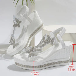 KissICON Crystal Butterfly Sandals Women Chunky Platform Wedge Heels