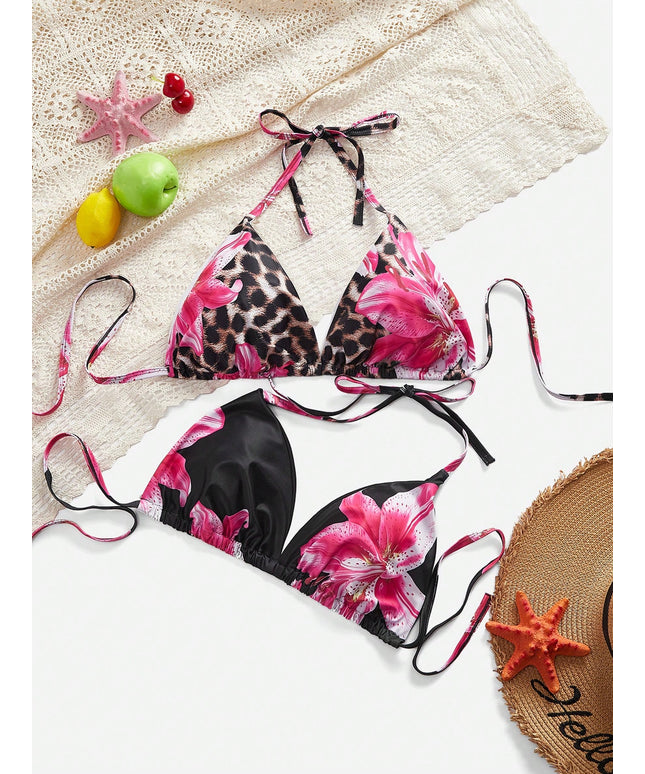 KissICON Curve 1pc Curve Flower Print Halter Bikini