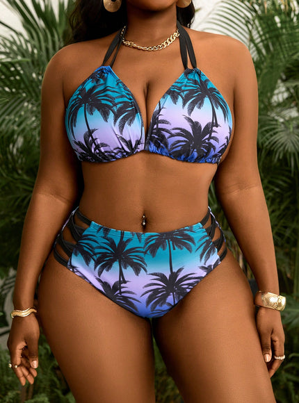 KissICON Curve 2pcs Brown Palm Tree Print Tie-front Bikini – Beach
