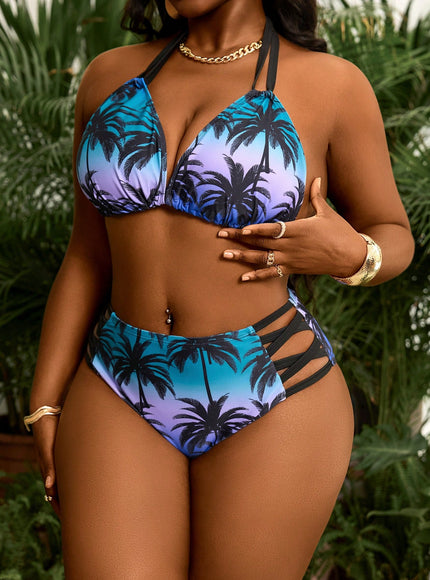 KissICON Curve 2pcs Brown Palm Tree Print Tie-front Bikini – Beach