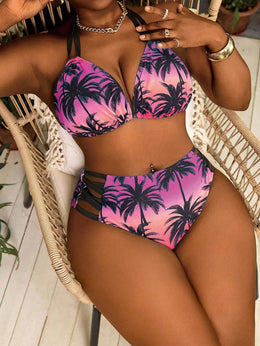 KissICON Curve 2pcs Brown Palm Tree Print Tie-front Bikini – Beach