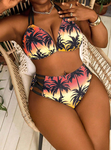 KissICON Curve 2pcs Brown Palm Tree Print Tie-front Bikini – Beach