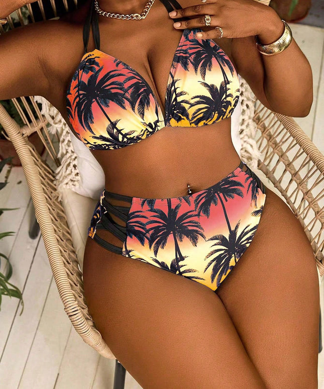 KissICON Curve 2pcs Brown Palm Tree Print Tie-front Bikini – Beach