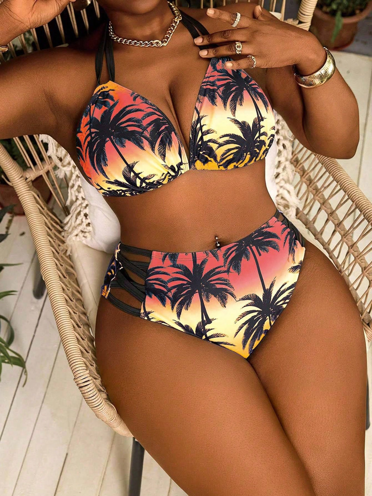 KissICON Curve 2pcs Brown Palm Tree Print Tie-front Bikini – Beach