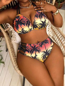 KissICON Curve 2pcs Brown Palm Tree Print Tie-front Bikini – Beach