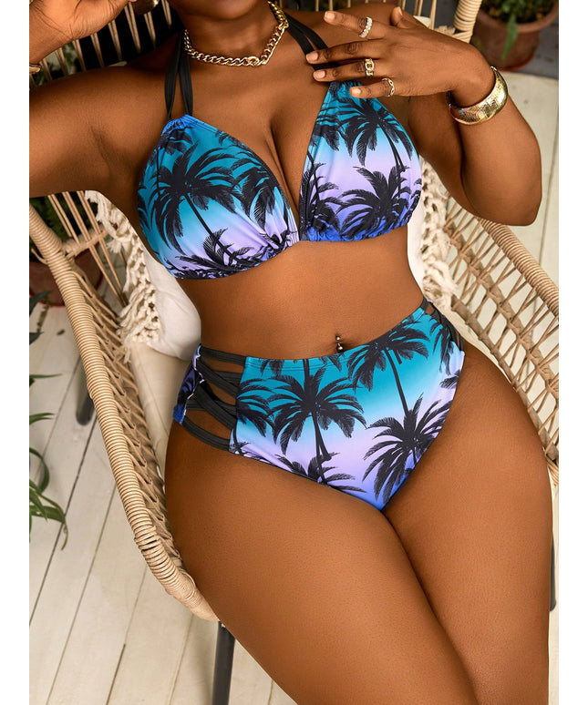 KissICON Curve 2pcs Brown Palm Tree Print Tie-front Bikini – Beach