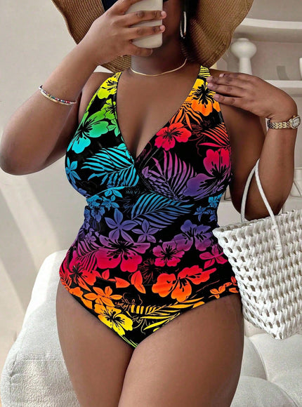 KissICON Curve Beach Curve Flower Plant Printed Gradient Swimwear