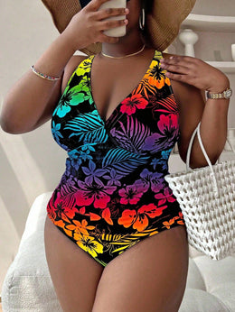KissICON Curve Beach Curve Flower Plant Printed Gradient Swimwear
