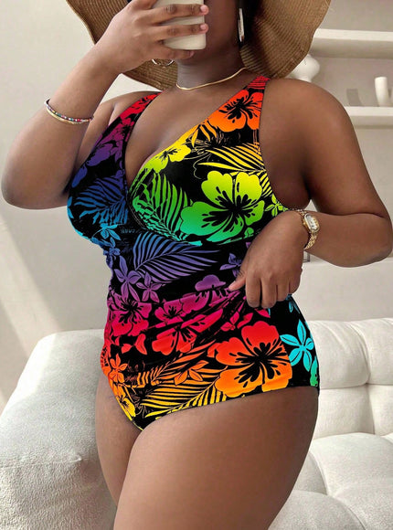 KissICON Curve Beach Curve Flower Plant Printed Gradient Swimwear