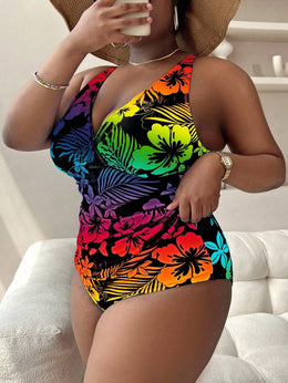 KissICON Curve Beach Curve Flower Plant Printed Gradient Swimwear