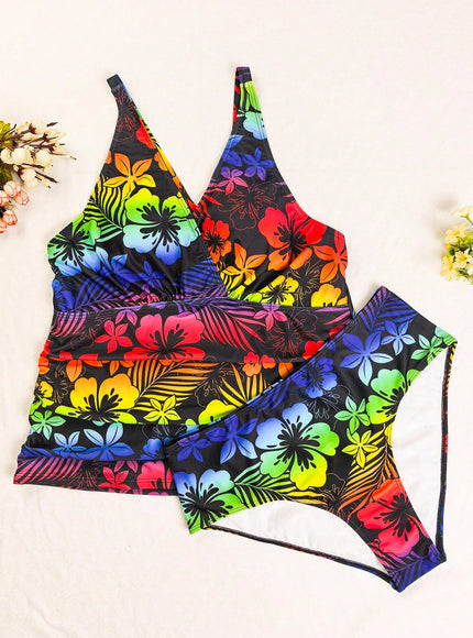 KissICON Curve Beach Curve Flower Plant Printed Gradient Swimwear