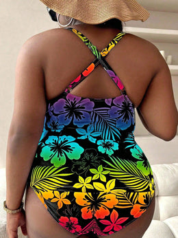 KissICON Curve Beach Curve Flower Plant Printed Gradient Swimwear