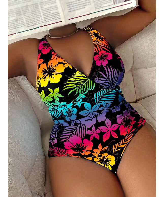 KissICON Curve Beach Curve Flower Plant Printed Gradient Swimwear