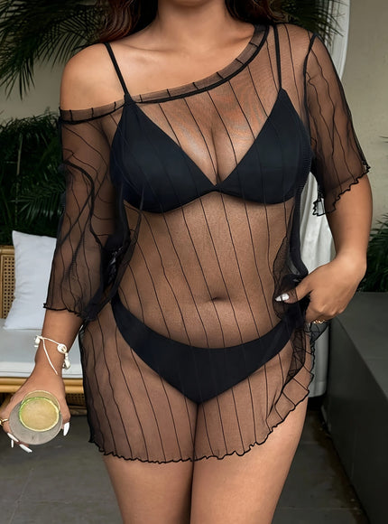 KissICON Curve Black Mesh Strapless Tshirt Seethrough Coverup