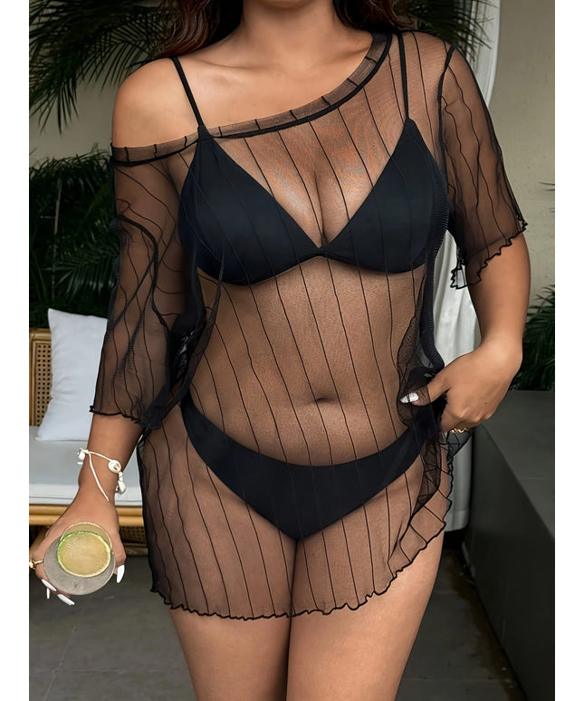 KissICON Curve Black Mesh Strapless Tshirt Seethrough Coverup