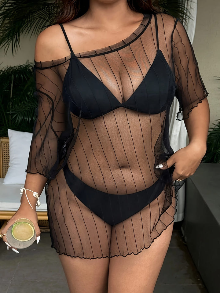 Curve Black Mesh Strapless Tshirt Seethrough Coverup