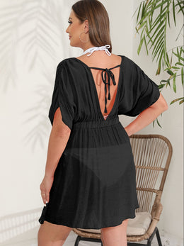 KissICON Curve Black V-Neck Pleated Beach Coverup