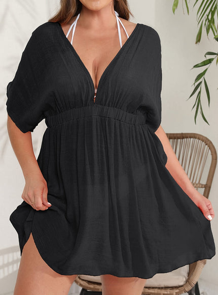 KissICON Curve Black V-Neck Pleated Beach Coverup