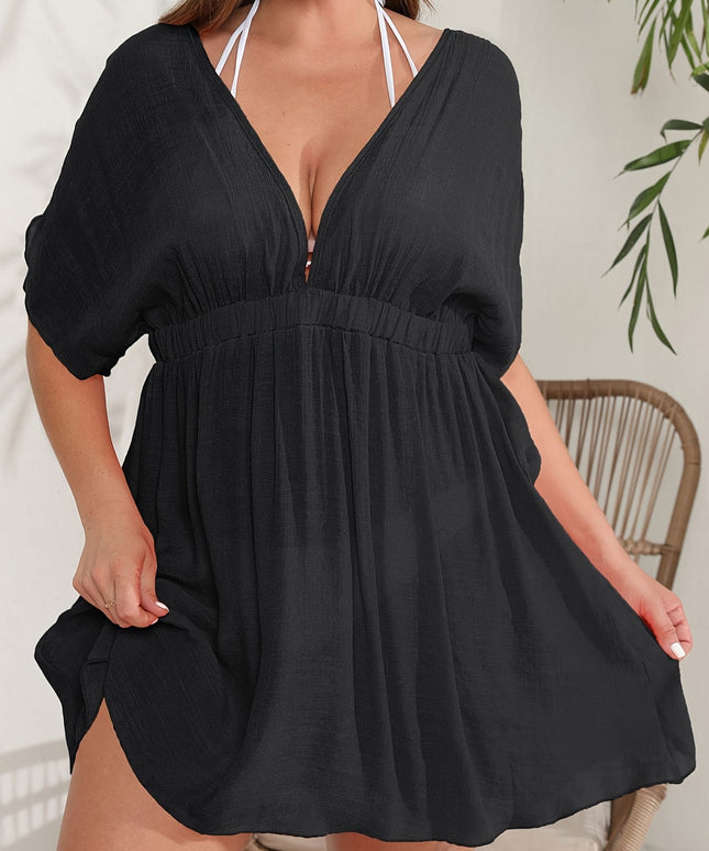 KissICON Curve Black V-Neck Pleated Beach Coverup