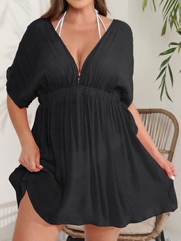 KissICON Curve Black V-Neck Pleated Beach Coverup